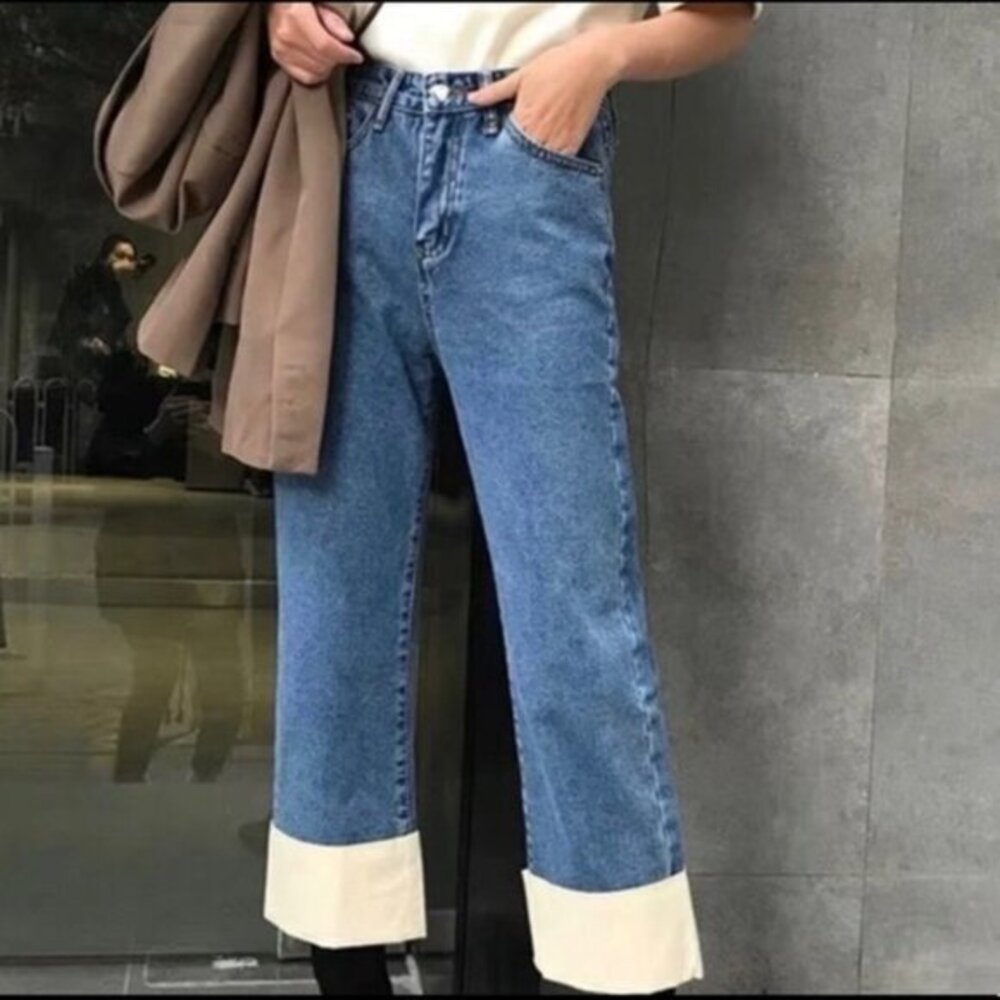 Cedelar Juny Fisherman Contrast Trim Denim Straight Leg Jeans Size 2 NWT